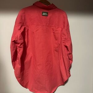 Daily Drills Ladies Oversized Poplin Button Down red/pink Striped Shirt size M/L